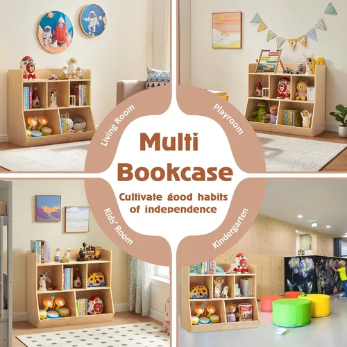 Vista 9 de Estante Montessori, organizador de almacenamiento de juguetes de madera contrachapada para libros, juguetes, estantería de 3 estantes, gabinete