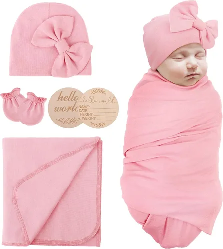 Vista 9 de AQOKKA Manta de Recepción para Recién Nacido con Gorro de Lazo Mitones Juego de Tarjetas de Madera para Recién Nacidos Niños Pequeños Bebé Niño Niña