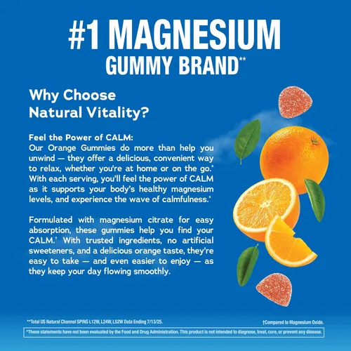Vista 4 de Natural Vitality Gomitas de magnesio calmantes 330 mg por porción Suplemento con sabor a naranja Sin gluten y vegano 120