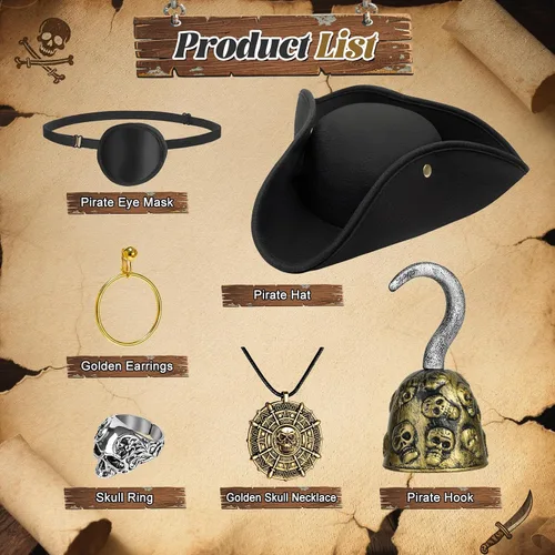 Vista 2 de Servllcell 6 piezas de sombrero de pirata, accesorios de disfraz de pirata para hombre con parche de ojo, collar de calavera, gancho de anillo