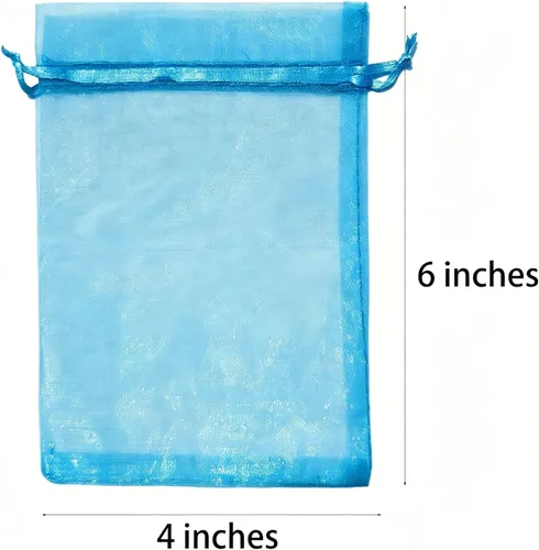 Vista 2 de Juego de 50 bolsas de organza de regalo con cordón azul aguamarina de 4 x 6 pulgadas para baby shower, Navidad, boda, recuerdos de fiesta, despedida