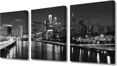 Vista 20 de TUMOVO Cuadros de la ciudad de Nueva York, arte de pared en blanco y negro, 3 paneles, rascacielos del centro de América, impresiones artísticas