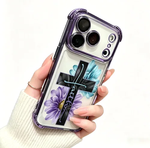 Vista 3 de Funciona con funda transparente para iPhone, Faith Cross Floral