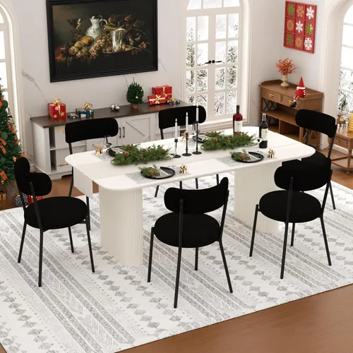 Vista 9 de Juego de mesa de comedor ovalada negra moderna de 70.9 pulgadas para 4, mesa de cocina rectangular estilo crema con sillas negras Boucle, juego