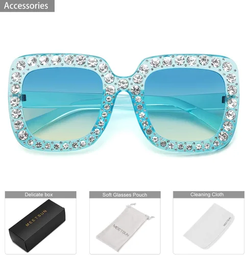 Vista 6 de MEETSUN Elton Square Rhinestone Sunglasses Oversized Bling for Women with Diamond Frames 70s Retro for Beach & Disco