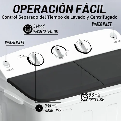 Vista 5 de Lavadora portátil, mini compacta de 18 libras, lavadora de doble tina con estante de secado y 10 perchas, combo de lavadora (11 libras) y secadora