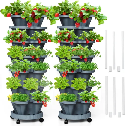 Vista 21 de Macetas verticales de fresa, paquete de 2 unidades, torre apilable de 5 niveles con poste de soporte, macetas apilables para hierbas y verduras