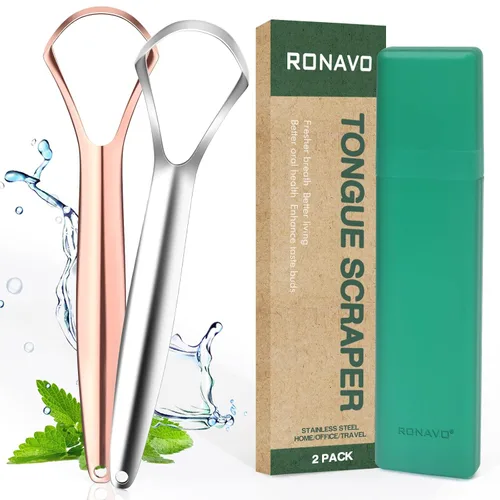 Vista 8 de RONAVO Raspador de lengua para adultos (4 unidades), raspador de lengua de metal resistente al óxido (fundas de viaje incluidas) reduce el mal