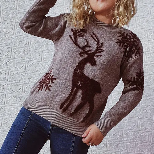 Vista 4 de Suéter de Navidad para mujer, suéter de punto de reno, elegante, suave, estampado, ropa de otoño