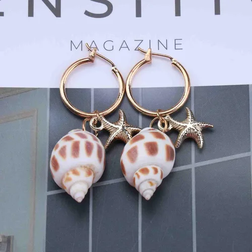 Vista 6 de Erimberate Aretes de aro de concha de concha de mar bohemios, aretes colgantes de estrella de mar dorados, aretes de concha, aretes de estrella