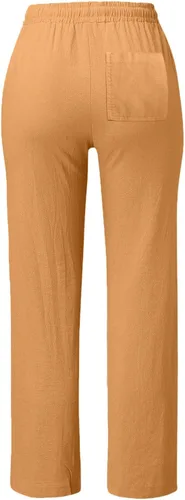 Vista 2 de Pantalones de lino para mujer, casuales, con cordón, color sólido, algodón, holgados, con bolsillos