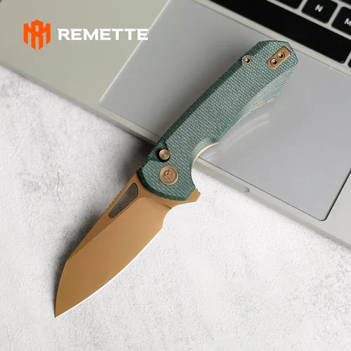 Vista 9 de RT-CAMEL - Cuchillo de bolsillo plegable, cierre con forro de botón, hoja de acero 14C28N de 3.1 pulgadas, cuchillo EDC con mango de micarta