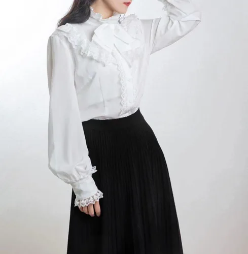 Vista 3 de Blusa victoriana para mujer, estilo gótico, Lolita, renacentista, vintage, manga larga, con volantes de loto