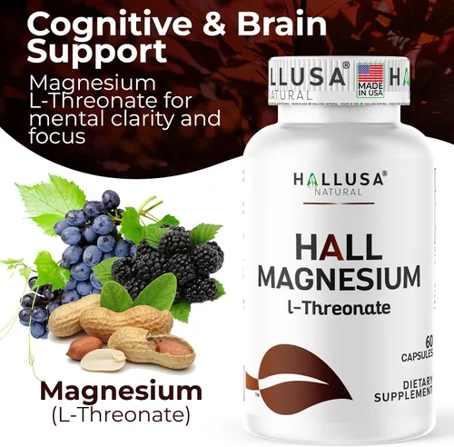 Vista 3 de Hallusa Natural Cápsulas de L-treonato de magnesio de 2000 mg, suplemento de apoyo cognitivo para la salud y la memoria del cerebro, claridad