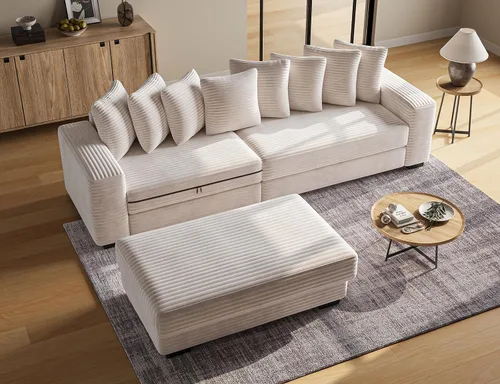 Vista 4 de ohllob Sofá Seccional Modular de 110", Sofá en Forma de L con Chaise Lounge, Sofá Nube de Pana Esponjosa con Asiento Profundo para Sala de Estar