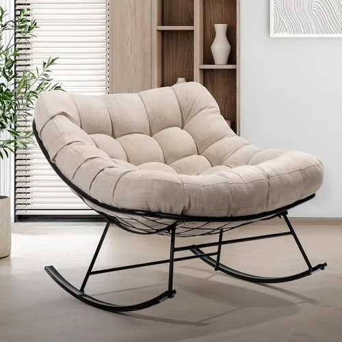 Vista 17 de Bme Mecedora de patio para exteriores e interiores, mecedora de metal con cojín grueso, cómoda y moderna silla mecedora para sala de estar, porche