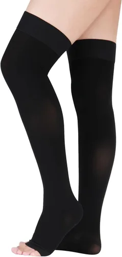Vista 10 de Lin Performance - Medias de compresión médica de 15-20 mmHg para mujeres y hombres, altas hasta el muslo, con punta abierta y detalle de puntos