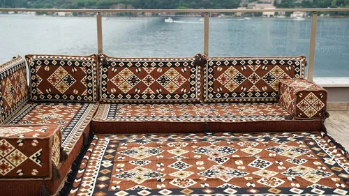 Vista 5 de arabicsofa Cojines de suelo marroquíes marrones en forma de L – Juego de asientos modulares de sofá seccional de esquina con fundas lavables