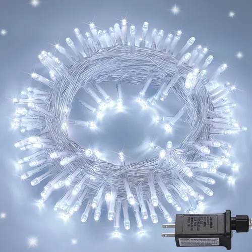 Vista 16 de JMEXSUSS 150 luces LED azules de Navidad para interiores y exteriores, luces de cadena conectables de 59 pies con enchufe, 8 modos de luces de hadas