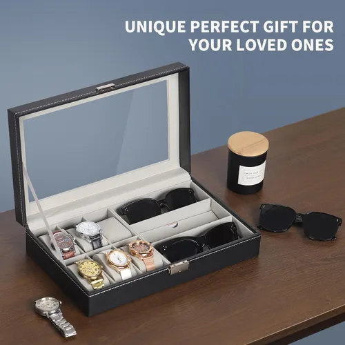 Vista 8 de AUTOARK AW-004 - Caja de cuero para 6 relojes y 3 lentes y gafas de sol con organizador de joyas, cajas de almacenamiento para hombre y mujer, tapa