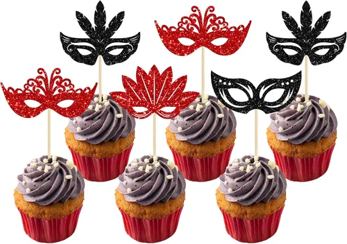 Vista 10 de 24 máscaras de mascarada, adornos para cupcakes, color negro y dorado con purpurina para despedida de soltera, para fiestas de cumpleaños, fiestas