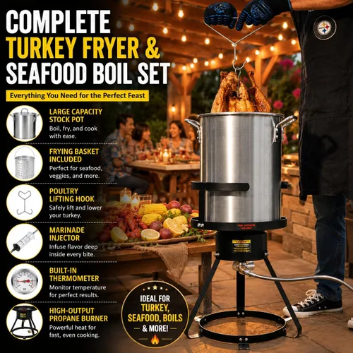 Vista 4 de Barton - Kit de freidora de pavo y caldera de mariscos de 30 cuartos de galón, 37,000 BTU de propano para exteriores, olla para freír pescado, cesta