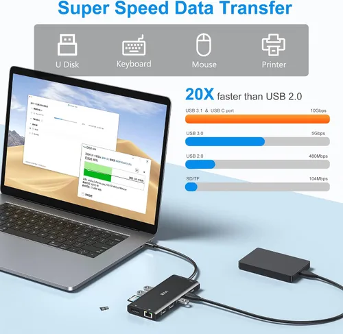 Vista 6 de Estación de acoplamiento USB C de monitor dual para laptop Dell/Lenovo/HP; estación de acoplamiento HDMI; hub USB C; adaptador multipuerto dongle