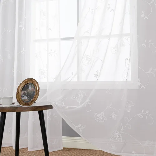 Vista 10 de YoungsTex Cortinas traslúcidas de lino con estampado de hojas de 63 pulgadas de largo para sala de estar, bolsillo para barra, cortinas de encaje