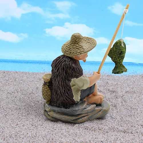Vista 6 de 4 mini figuras de pescador, mini estatua de pescador para acuario, decoración zen asiática, figura de bonsái de pescador de resina en miniatura
