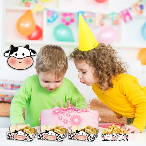 Vista 4 de Bandejas de papel desechables con estampado de vaca, 24 unidades, diseño de vaca sagrada, Im One, decoraciones de cumpleaños, bandejas de nachos