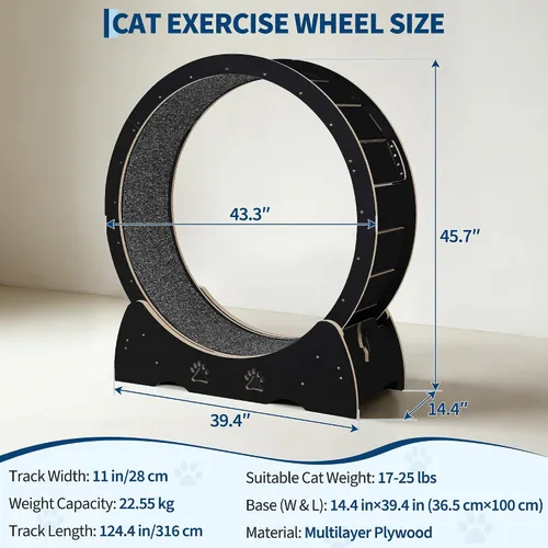 Vista 4 de Cat Exercise Wheel Wooden Running Treadmill with Carpeted Runway for Indoor Black