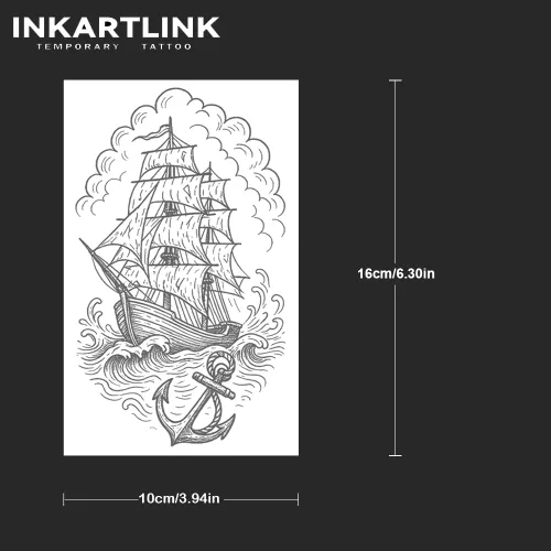 Vista 3 de INKARTLINK Tattoo Tech, 2 hojas de tatuaje semipermanente mediano, tatuajes temporales de diseño artístico para adultos, dura 1-2 semanas, Barco