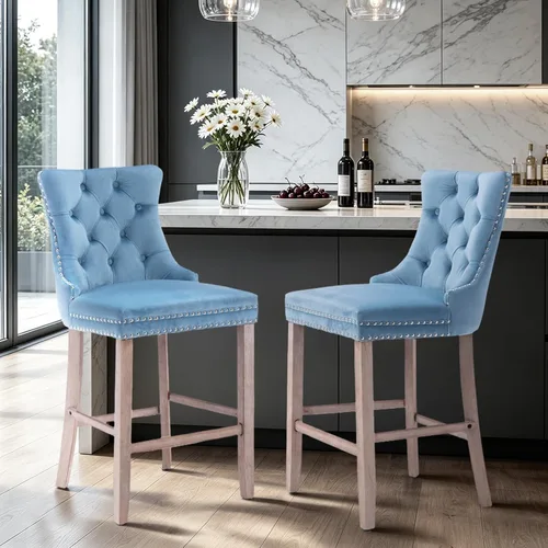 Vista 101 de SoarFlash Juego de 2 taburetes de bar tapizados de terciopelo moderno con patas de madera, botones acolchados, cabeza de clavo cromada, asiento