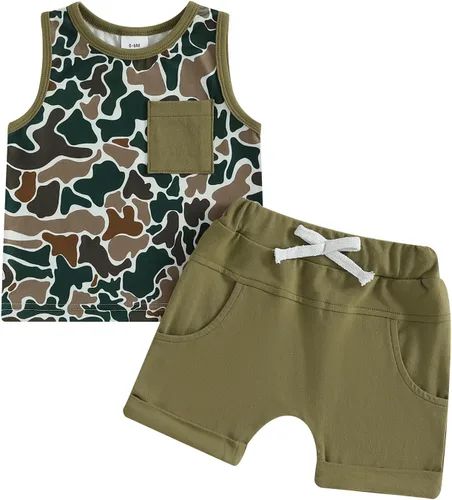 Vista 27 de Ropa de bebé niño sin mangas + pantalones cortos con estampado a rayas con bolsillos, 2 piezas de trajes de verano