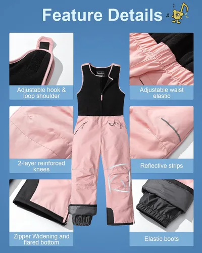 Vista 5 de Pursky Pantalones de nieve para niños, baberos de esquí de invierno para niña, con aislamiento, impermeables, pantalones de nieve de forro polar