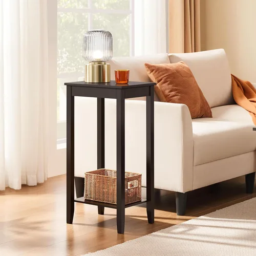 Vista 2 de Topeakmart Mesa auxiliar alta de 2 niveles con estante de almacenamiento y patas de madera maciza, mesa auxiliar de sofá para sala de estar, sofá