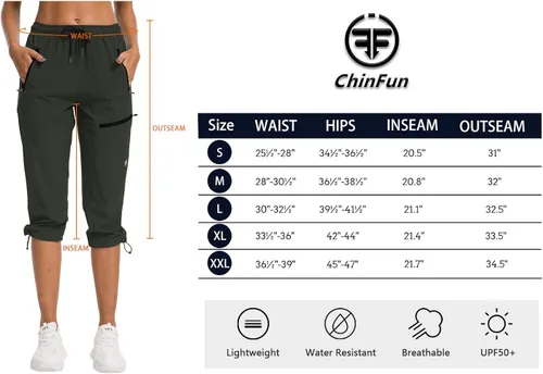 Vista 6 de ChinFun Pantalones capri de senderismo para mujer, de secado rápido, resistentes al agua, UPF 50+