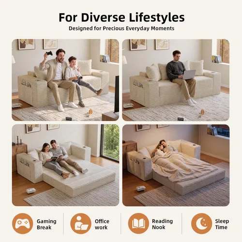 Vista 3 de Sofá cama sin hueso de 78 pulgadas para sala de estar, sofá cama Beige