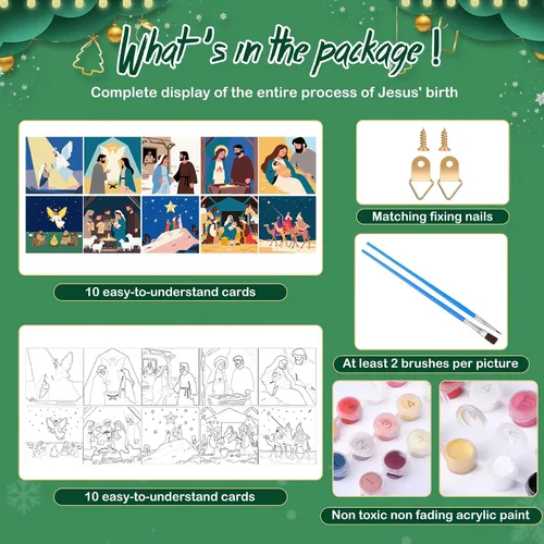 Vista 4 de Kosiz Paquete de 10 Escenas de Natividad Navideñas para Pintar por Números para Niños y Adultos de 8x8 Pulgadas, Kits de Pintura al Óleo de Navidad