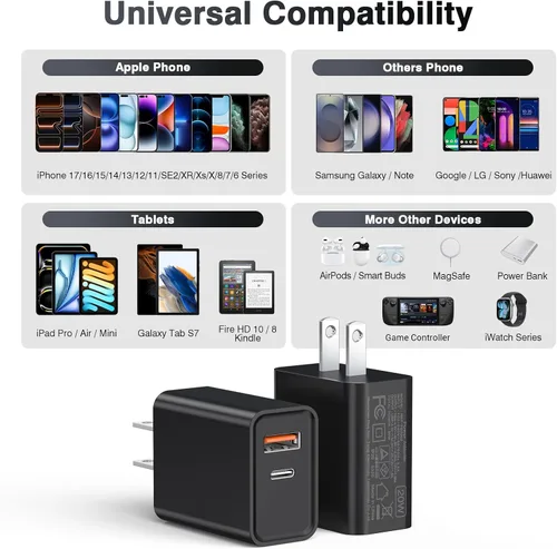 Vista 3 de Cargador de pared USB C de 20 W para iPhone 17/16/15/14/13/13 Mini/13 Pro Max/12/12 Pro/12 Pro Max Cube, paquete de 2 unidades de doble puerto