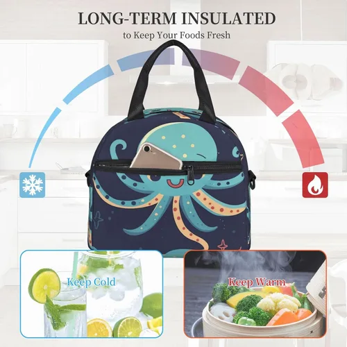 Vista 3 de Bolsa de almuerzo de pulpo de dibujos animados para mujer, lonchera aislante, bolsa de almuerzo impermeable
