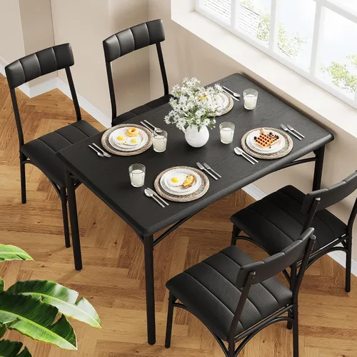 Vista 5 de Mesa de cocina y sillas para 4, juego de comedor rectangular con sillas tapizadas, perfecto para espacios pequeños, color negro rústico
