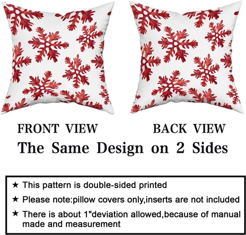 Vista 4 de Juego de 2 fundas de almohada de invierno de copos de nieve rojos de 18 x 18 pulgadas, fundas de almohada blancas de copos de nieve que caen, fundas