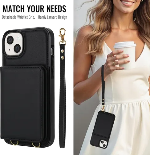 Vista 3 de Funda de teléfono para iPhone 13 Mini de 5.4 pulgadas con protector de pantalla de vidrio templado, correa de muñeca con bloqueo RFID, tarjetero