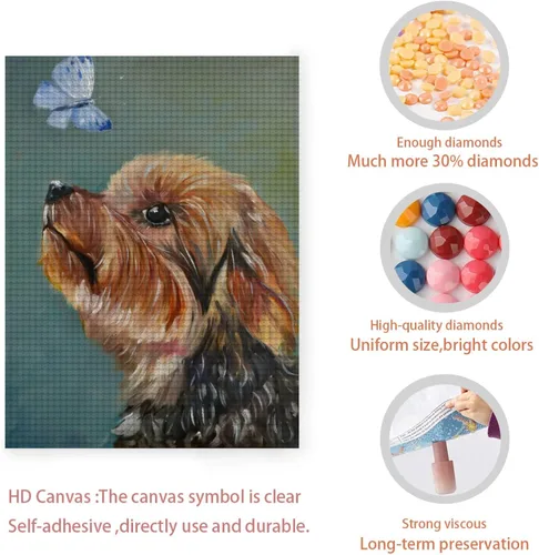 Vista 4 de LIANPO Pintura de diamantes 5D Yorkshire Terrier, pintura con diamantes, arte de acuarela, perro y mariposa, por números, diamantes de imitación