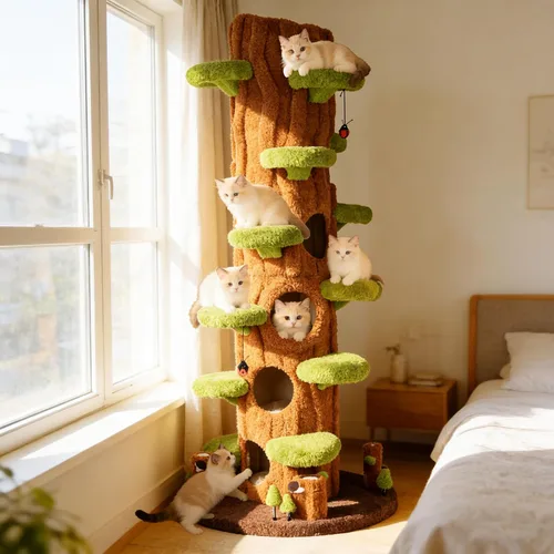 Vista 9 de NUNU LAB Árbol para gatos de 90.5 pulgadas de alto – Torre grande de árbol mágico para gatos con postes rascadores de sisal, escondite lateral