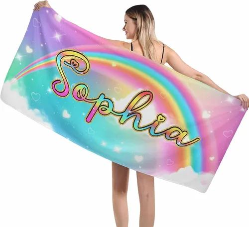 Vista 7 de MyPupSocks Toalla colorida personalizada para niños – Color arcoíris personalizada para viajes, playa, piscina y toallas de baño, toalla con nombre