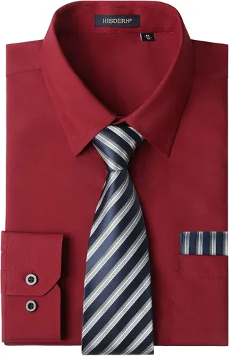 Vista 47 de HISDERN Mens Dress Shirt with Tie Pocket Square Set Classic Button Down Shirt Matching Tie Long Sleeve Shirts 08-verde