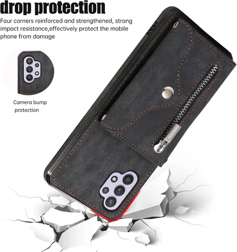 Vista 7 de Funda para teléfono Samsung Galaxy A32 5G 2021 de 6.5 pulgadas con correa cruzada para muñeca, cordón, soporte para tarjeta de crédito, accesorios