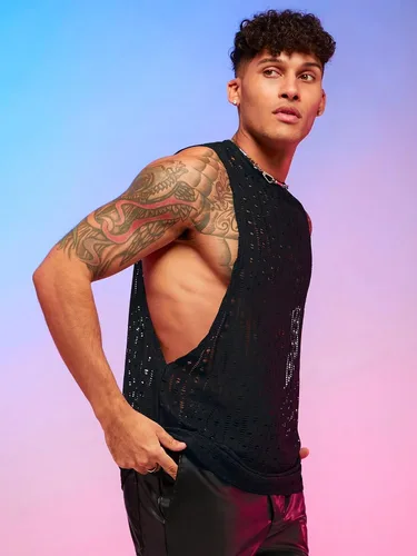 Vista 2 de WDIRARA Camiseta sin mangas con lentejuelas con purpurina y cuello redondo para hombre, corte abierto, para fiesta de club